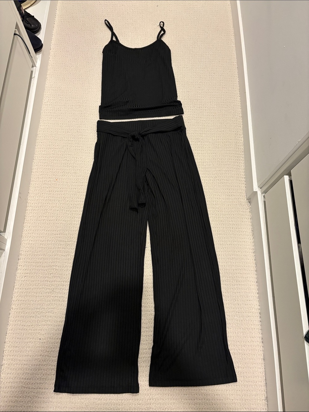 BNWT Black Ribbed Two-Piece Pajama Set with Tie Waist
